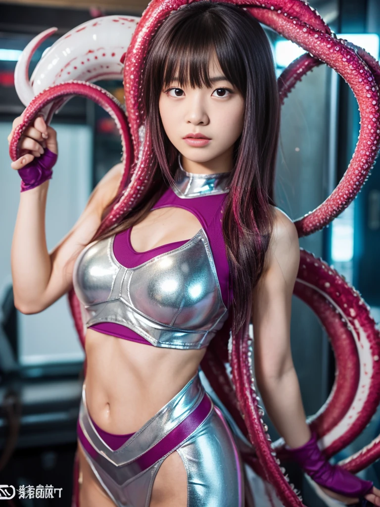 (Best Quality、8k、Masseter muscle area、Photorealistic、Full body Ezbian:1.1、Beautiful Japanese girl in her early teens、Hands)、(In a metallic magenta and white hero costume、Futuristic fit:1.2) 、（Very round body 1.1、Super Big 1.2）、Staring straight ahead、Angry expression、Being sexually attacked by tentacles、Being held captive by tentacles