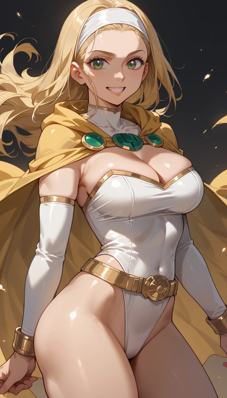 score_9, score_8_up, score_7_up, score_6_up, score_5_up, score_4_up, Sexy, Superheroine, blonde hair, green eyes, long hair, busty, ((White highleg leotard with a t-back thong)), gold belt, gold cape, thin white headband, cleavage cutout, happy expression, ass