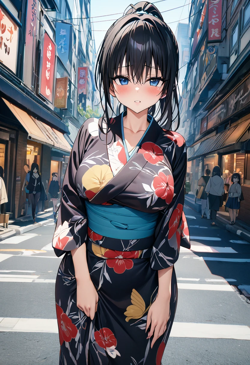 ((masterpiece,Best Quality,8k,Ultra-high resolution)),  1 person　、Adult women in their 20s　,  Momo Juvenile Deviluke,                                     View your viewers　、　blush        、Squint your eyes　、   Black Hair　,   Long Hair　　、ponytail　、　Blue eyes   　     　、                           The body is slim,   Big Breasts　　、　kimono　、　city