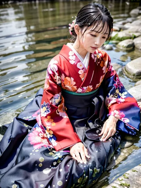 realistic, long-sleeved kimono, hakama, long hakama, long long-sleeved kimono, floral patterned kimono, wet clothes, soaking wet...