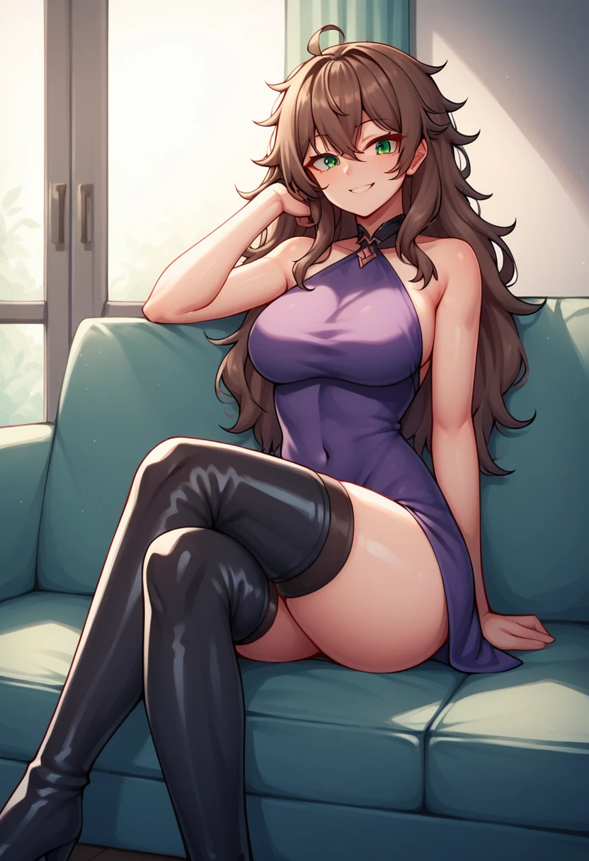 score_9, score_8_up, score_7_up, score_6_up, score_5_up, score_4_up, source_anime, 1girl,lisadef, upper body, sexy smile, brown hair, long hair, green eyes, messy hair, purple dress, black thigh high boots, crossed legs, sofa, sit, room, looking at the viewer, best quality, best res, 4K UHD,
 