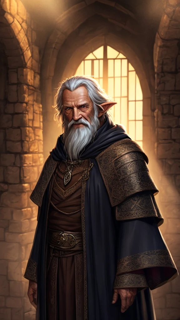 ((Dnd)), dnd old wizard man, dungeons and dragons world, medieval Europe, Long Hair, Looking at viewer, High Resolution, Best Quality, Award Winning, Masterpiece, High Details, Super Detailed, Black Hair, Grin, Hood Down, Depth Of Field, Backlighting, Motion Blur, Ray Tracing, God Rays, Reflection Light, Character Design, Character Design, (((Digital Art))), very old wizard, crazy wizard