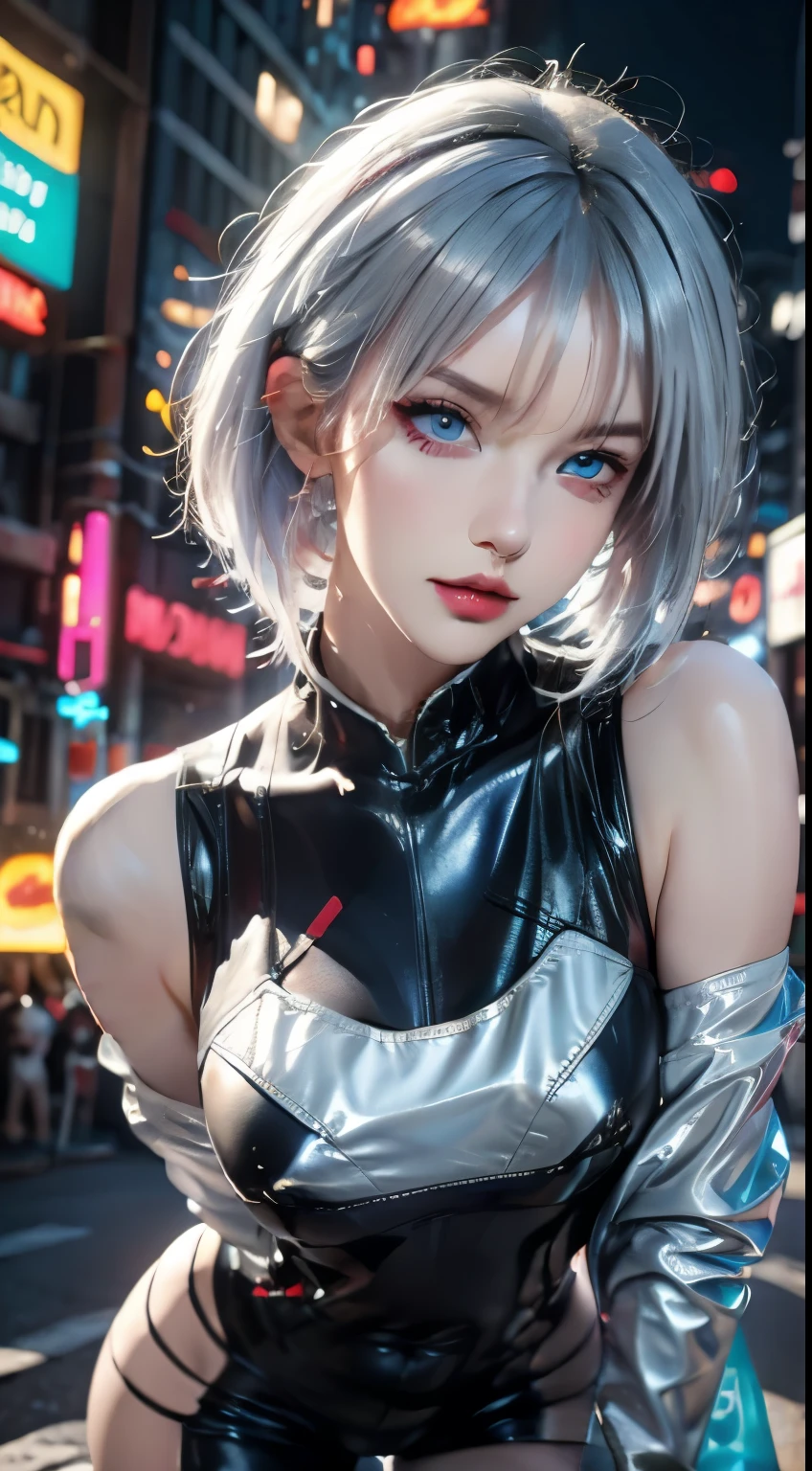 photorealistic, high resolution, 1women, mature female, solo, blue eyes, hips up, white off-shouler jacket, black bodysuit, bare shoulders, white shorts, hip vent, (dynamic pose), fantasy, high contrast,cityscape, neon lights, neon trim, ((cyberpunk)), 1 sweet girl,white short hair, bangs, ((red eyeliner)), ((makeup)),red lips, sitting