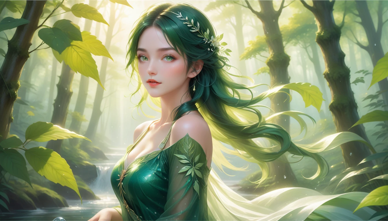 A Masterpiece In 32K Resolution, Supreme Quality, Super Detail, Official Art, Very High-Resolution 32K Wallpaper, Serene And Aesthetic, Ultra-Detailed Features, Awe-Inspiring Detail. A Lush Forest With (Sunlight Filtering Through Leaves), (Dew-Drops On The Grass), And Skin With A Gentle, Dewy Glow (Highlight Her Ample Breasts). A Girl With A Soft, Thoughtful Expression, Flowing Dark Green Hair, Cascading Like Vines, And Bright Emerald Eyes That Sparkle With Life. Her Features Are Delicate And Breathtaking, Wrapped In (Sunlit Forest Shadows). (Beautifully Detailed Beauty), With Gentle Expressions That Echo The Peaceful Atmosphere. The Water Reflects The Forest's Rich Colors, And Her (Graceful Face) Is Brought To Life With Unmatched Precision. This Original Artwork Captures The Essence Of Nature, Showcasing A Figure Both Harmonious And Incredibly Detailed.