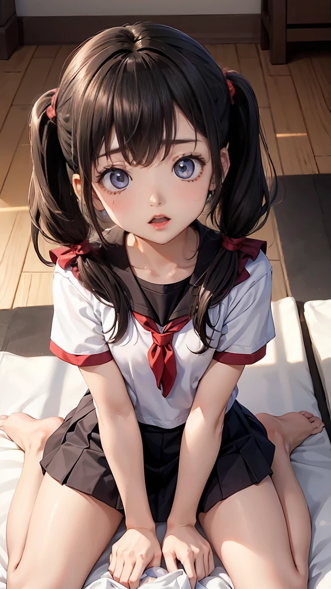 Portraiture, Official Art, finest masterpiece, Best Quality, Highest Resolution, 8k, Most detailed, Perfect Anatomy BREAK shirayukiKC, One girl, Alone, skirt,shirt, Twin tails, School,Sailor suit, Sailor collar,neckerchief, low Twin tails, short Twin tails,, (Small breasts, child_Like a build, low length:1.2) BREAK nsfw, Masturbation, Straddle, Cowgirl Position, Almuada, pillow, on pillow, Rubbing the groin BREAK (Female orgasm:1.3), (Lewd face, Red cheeks, Close your eyes:1.2), Open your mouth BREAK 豪華なマンション, bed, (night, midnight, darkness:1.3), Particles of light, Dust, Very detailed 16K CG wallpaper of a girl，(Close-up of faces)Open your mouth，Excited，Wet (((Sticky milkshake liquid))),Wet(((A large amount of mixed milky liquid is poured on the gym clothes))),Eyes open, The whole body is covered in oilで光沢感がある　Used rolled tissue paper,　 Used crumpled tissue paper, Pieces of used tissue paper on the ground,　Excessive sweating in the face,Dripping sweat,Sleeping on a mat,pillowに頭を乗せている,Dirty duvet　Very old thick mat ,In the gym storeroom,　There are a lot of used tissues on the floor ,　Crumpled used garbage is scattered all over the place..,　A room cluttered with used tissues,A mat cluttered with used tissues　、Embarrassing　Dimly lit room　Hardwood Floors　Used rolled up tissues scattered around、The upper body is school&#39;Designated white gym uniform., Blue Sleeve、The lower half of the body is blue bloomers、Close-fitting shorts、high school student、Illustration Style　Anime Style　Mouth wide open、Mouth is wide、　beautiful girl　Cheeks pink　Super Curly Hair　Super long sideburns　Hairbands　Big Eyes　Droopy eyes　Shocking Pink Rouge　Sweating profusely　Steam coming out of the whole body　Steam rises across the screen.　White Breath　Haa　The whole body is covered in oil　evening　Overall orange background　Sunset sunshine、 (pillowに頭を乗せる), (Cover your chest with a blanket), Head to chest composition, Upper body drawing, high school student,With both hands up and messy, /(Long Black Hair/), (Neat, shiny, long hair), Eyes open, (16:00 AM), (evening) Sunset,
