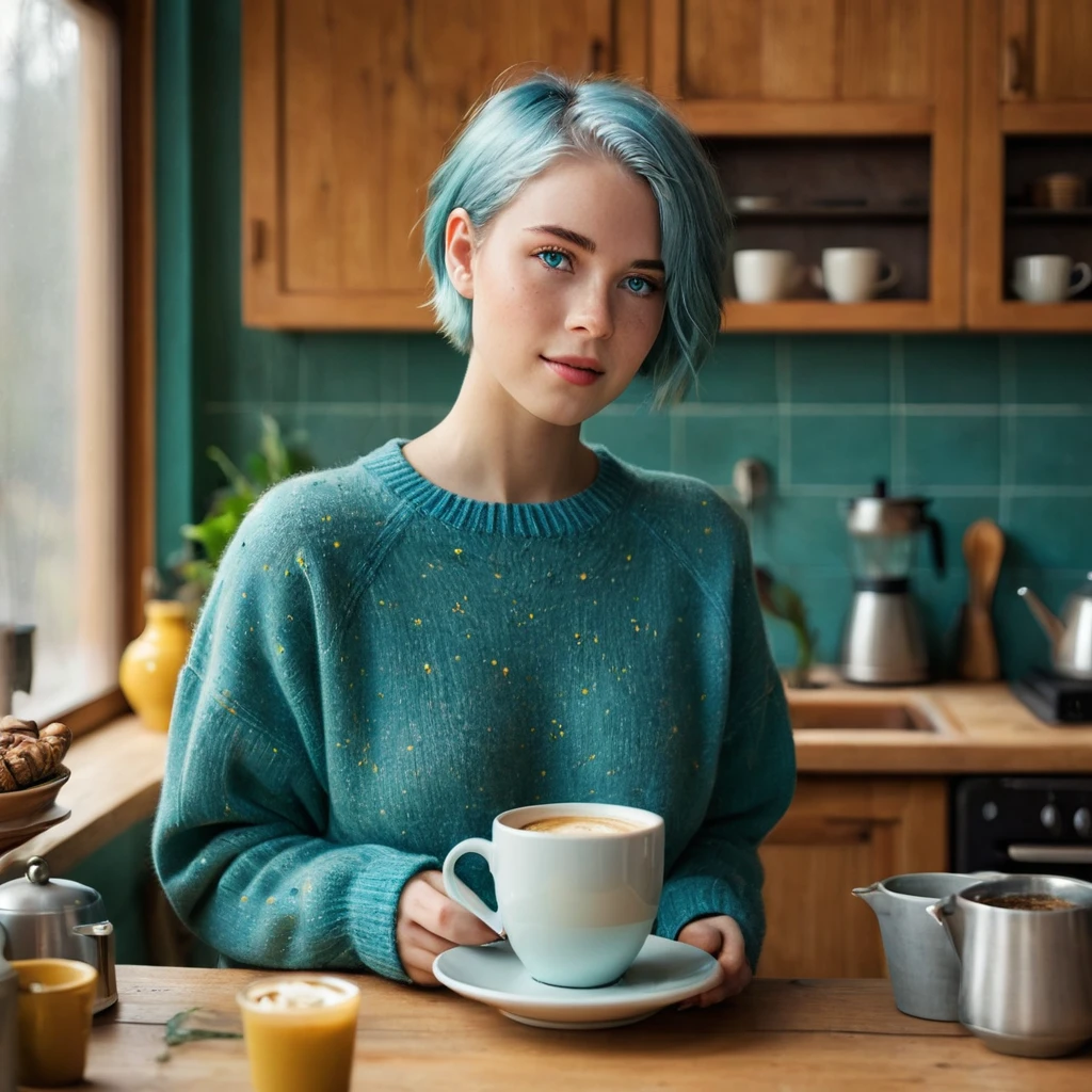 (((Woman, 20 Years Old, Nordic Ethnicity, short blue hair, perfect face, light freckles, Blue-Green Eyes, slight smile))), wearing a cozy oversized sweater in a warm autumn hue, like burnt orange or mustard yellow. She is focused on making a pour-over coffee in a cozy kitchen. Warm morning light filtering through the window, with a rustic wooden table and coffee accessories spread out. A steaming cup of coffee in the foreground. (((Color palette - turquoise, neon green, yellow shades))), (best quality, 8k, masterpiece, ultra-detailed, photorealistic, soft lighting)