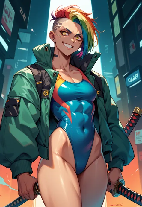 1, in the club, cyberpunk style, rainbow hair, evil smile, holding a katana, high cut swimsuit, yellow pupils,, cybernetic skin,...