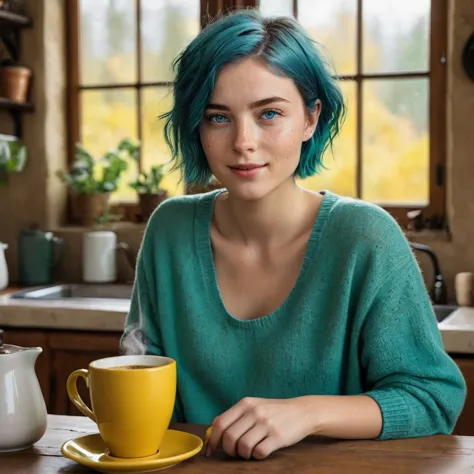 (((woman, 20 years old, nordic ethnicity, short blue hair, perfect face, light freckles, blue-green eyes, slight smile))), weari...