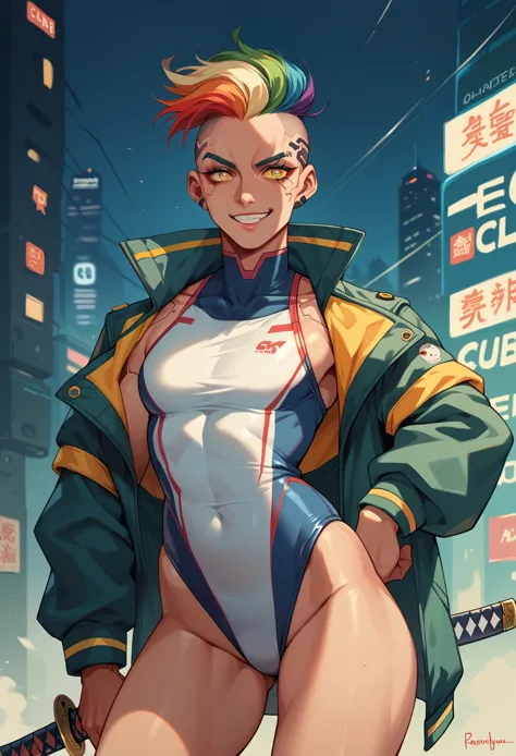 1, in the club, cyberpunk style, rainbow hair, evil smile, holding a katana, high cut swimsuit, yellow pupils,, cybernetic skin,...