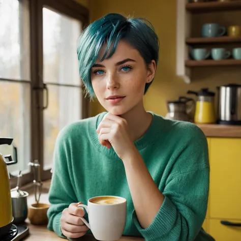 (((woman, 20 years old, nordic ethnicity, short blue hair, perfect face, light freckles, blue-green eyes, slight smile))), weari...