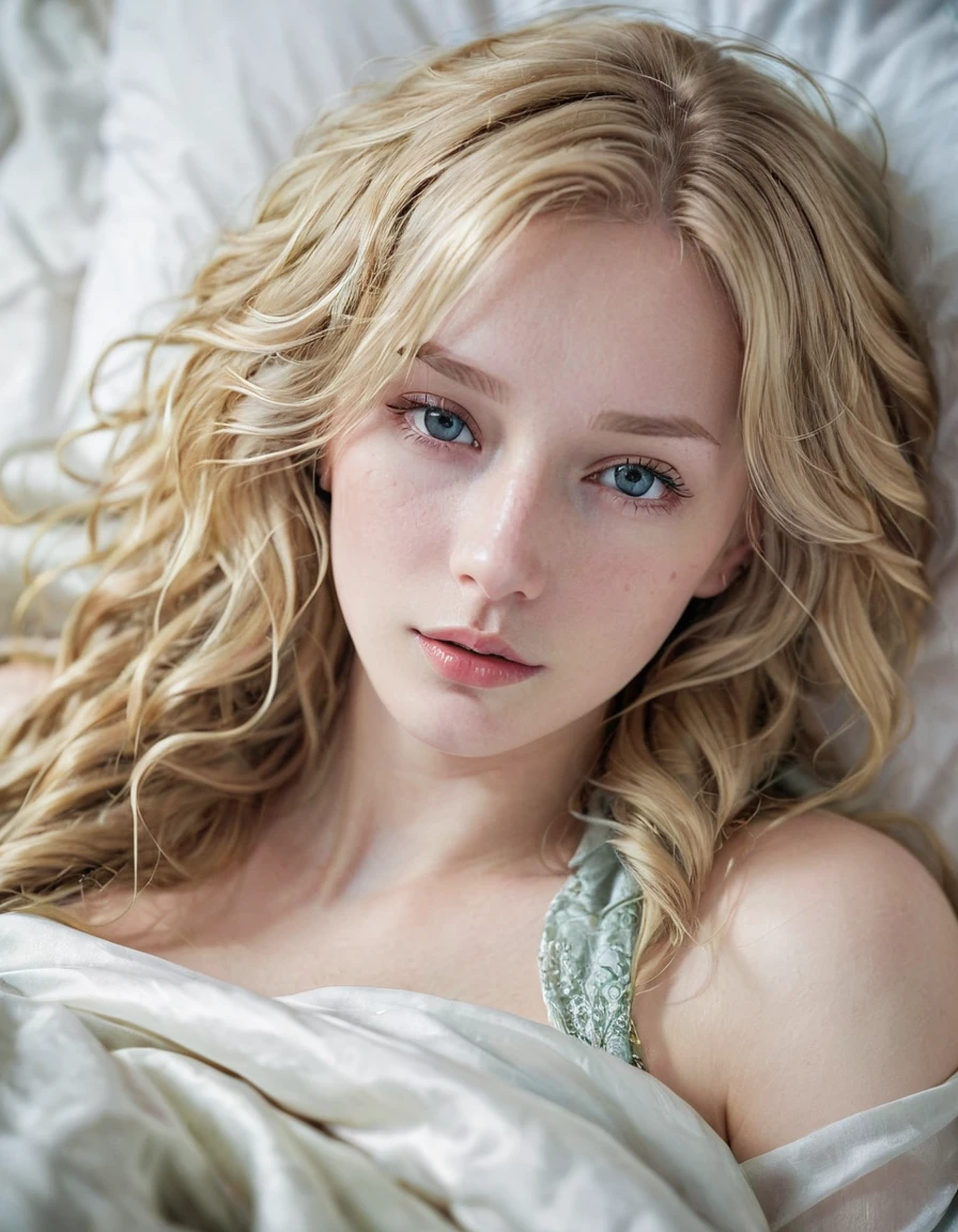 blonde girl, alone, (2:1.3), beautiful lady, (Blonde extra long wavy hair:1.3), Detailed face:1.2), ((Detailed face features:1.3)), Delicate skin, pale skin, breast, ((portrait:1.3)), wrapped in a silk cloth, Bedroom environment, (Lying in bed:1.3), (Cool color scheme:1.2), wet, seductive, tired, Reflective surface, (current:1.3), (High resolution:1.3), ((Realistic:1.4)), masterpiece, real details, shallow depth of field,