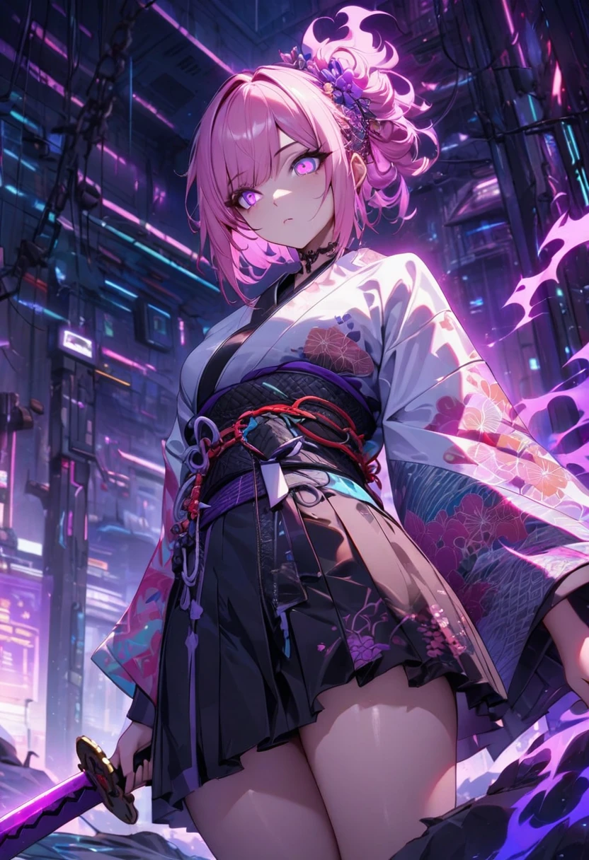 1Girl, pink hair,emo,fiery eyes,flowing bangs, Floral hair accessories, vibrant detailed japanese kimono with floral pattern mixed style with cyberpunk vibes, ornate accessories including chains and katana, (holding a sword:1.7),subtle highlights,dramatic indoor light, intricate detail,ethereal background,dramatic atmosphere with purple energy color, low angle, shallow deph, (masterpieces:1.2),(best quality:1.6),(sci-fi:1.2),(chaotic:1.6),gloss:0.5 ,Active effect