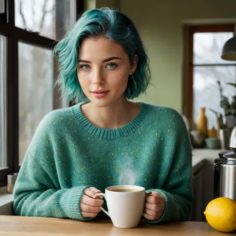 (((woman, 20 years old, nordic ethnicity, short blue hair, perfect face, light freckles, blue-green eyes, slight smile))), weari...