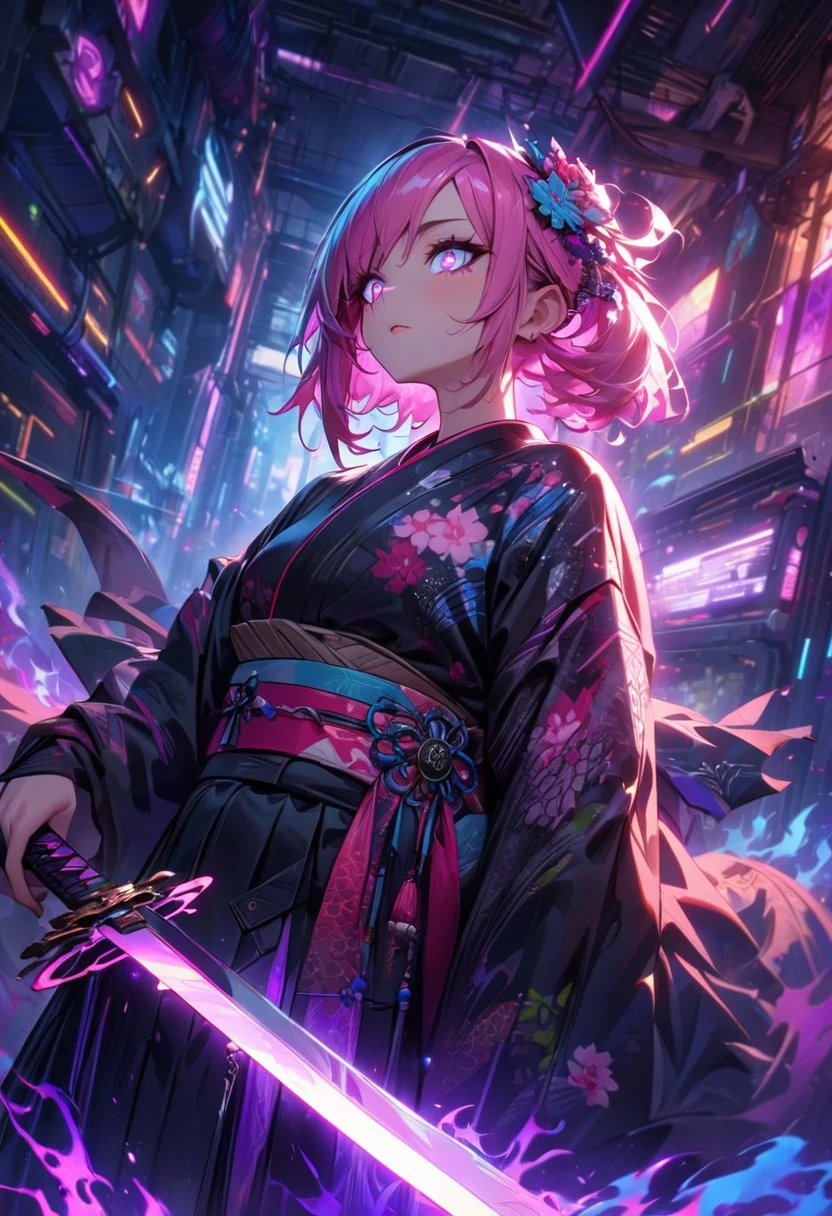 1Girl, pink hair,emo,fiery eyes,flowing bangs, Floral hair accessories, vibrant detailed japanese kimono with floral pattern mixed style with cyberpunk vibes, ornate accessories including chains and katana, (holding a sword:1.7),(showing a sword:1.5),light beam from above,subtle highlights,dramatic indoor light, intricate detail,ethereal background,dramatic atmosphere with purple energy color, low angle, shallow deph, (masterpieces:1.2),(best quality:1.6),(sci-fi:1.2),(chaotic:1.6),gloss:0.5 ,Active effect