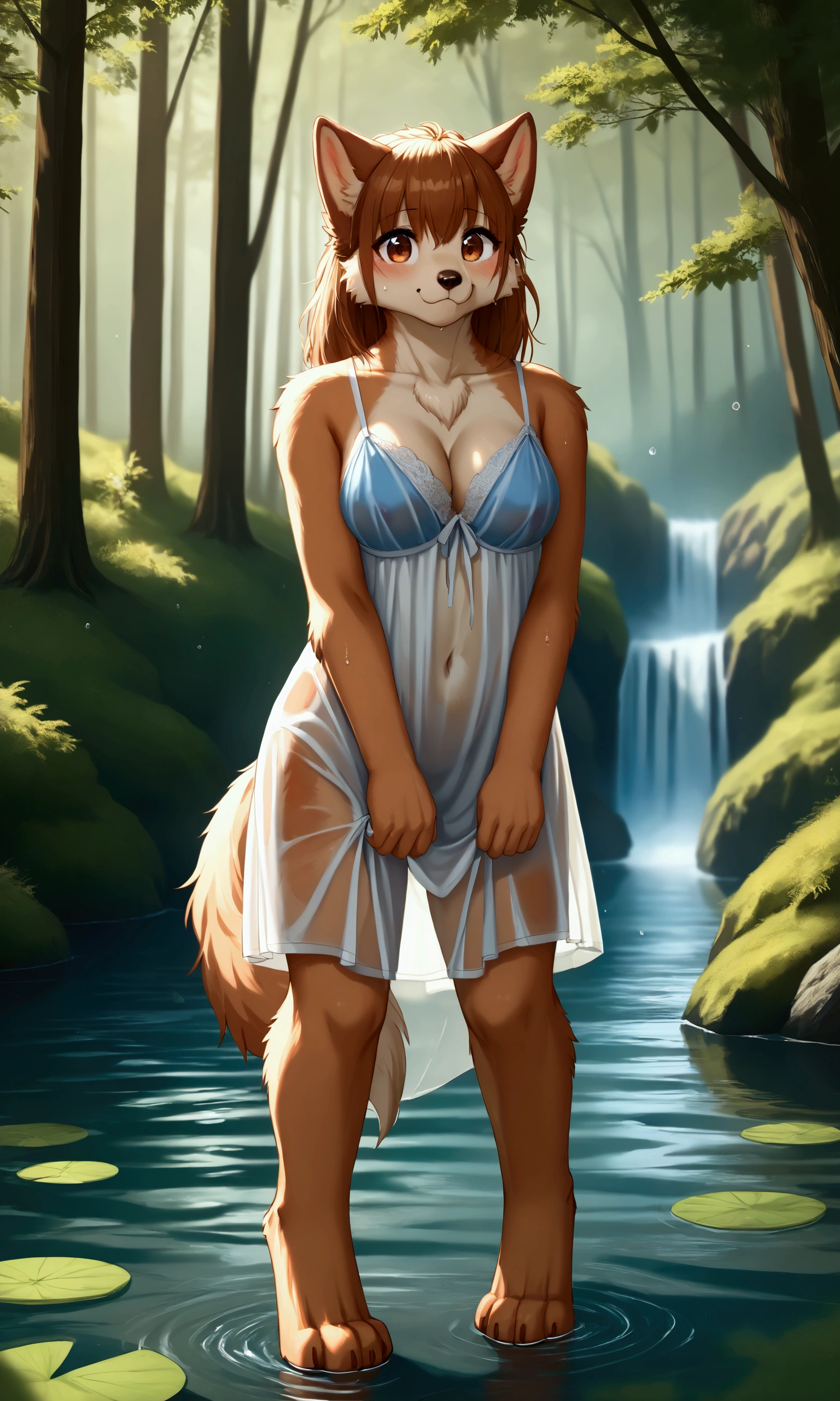 High-quality illustrations, masterpiece, top quality, best quality, detailed background, lake, dawn, detailed forest, clouds, cinematic, soft light, depth of field, ray tracing, reflection in water, Mysterious and romantic atmosphere, caustics surface(reflecting, refraction, polarization:1.2)(highly detailed beautiful face and eyes)absurdres, perfect anatomy(cute 1girl, single:1.4, kemono, solo focus, female)volumetric lighting, see-through, Half-undressed, Wet clothes, Sheer clothing, Very sheer, Water droplets, See-through, Embarrassing, Show off, Cleavage(furry anthro:1.7)(Furry body, dog facial features, dog body features)(very detailed body fur)full body, soft and delicate color palette, dramatic composition,