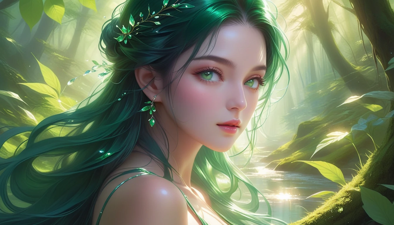 A Masterpiece In 32K Resolution, Supreme Quality, Super Detail, Official Art, Very High-Resolution 32K Wallpaper, Serene And Aesthetic, Ultra-Detailed Features, Awe-Inspiring Detail. A Lush Forest With (Sunlight Filtering Through Leaves), (Dew-Drops On The Grass), And Skin With A Gentle, Dewy Glow (Highlight Her Ample Breasts). A Girl With A Soft, Thoughtful Expression, Flowing Dark Green Hair, Cascading Like Vines, And Bright Emerald Eyes That Sparkle With Life. Her Features Are Delicate And Breathtaking, Wrapped In (Sunlit Forest Shadows). (Beautifully Detailed Beauty), With Gentle Expressions That Echo The Peaceful Atmosphere. The Water Reflects The Forest's Rich Colors, And Her (Graceful Face) Is Brought To Life With Unmatched Precision. This Original Artwork Captures The Essence Of Nature, Showcasing A Figure Both Harmonious And Incredibly Detailed.