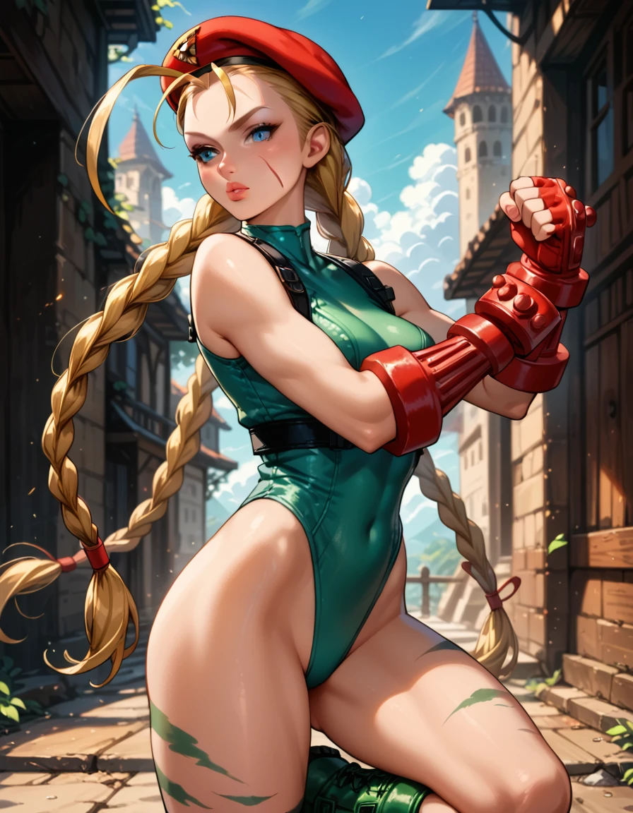 Dark Fantasy Art of score_9, score_8_up, score_7_up, rating_questionable, fantasy, lighting, epiCPhoto 1girl, very sexy (cammySDXL, blue eyes, blonde hair, long hair, twin braids, antenna hair, medium breasts, bare shoulders, red gloves, fingerless gloves, green leotard, high leg leotard, red beret, scar on face, green combat boots:1.2), solo, cute, flirt, gaze, sexy look, half-closed eyes, head tilt, filled lips, thick lips, makeup, modelling shoot, sexy pose, fantasy palace setting, dark, moody, dark fantasy style, dimly lit, (street fighter fighting stance, ready to fight:1.3), side view.