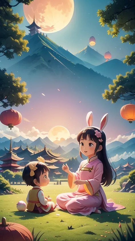 this picture shows a cute cartoon scene., colorful. there are two main characters: a girl and a boy in traditional chinese costu...