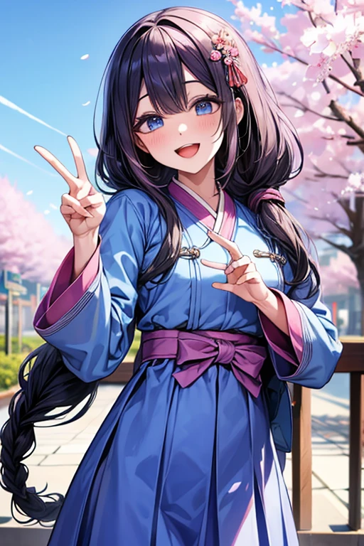 masterpiece, best quality, highres, bbhana, long hair, black hair, single braid, hair ornament, whisker markings, ((korean clothes)), ((hanbok)), long sleeves, striped sleeves, ((sky blue jacket)), pink skirt, cherry blossoms, outdoors, standing, smile, open mouth, peace sign, blue eyes, large breast, sexy,