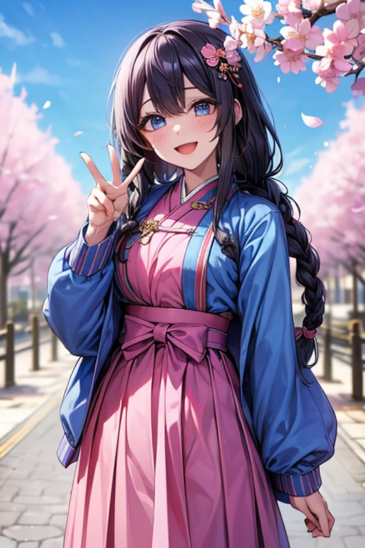 masterpiece, best quality, highres, bbhana, long hair, black hair, single braid, hair ornament, whisker markings, ((korean clothes)), ((hanbok)), long sleeves, striped sleeves, ((sky blue jacket)), pink skirt, cherry blossoms, outdoors, standing, smile, open mouth, peace sign, blue eyes, large breast, sexy,