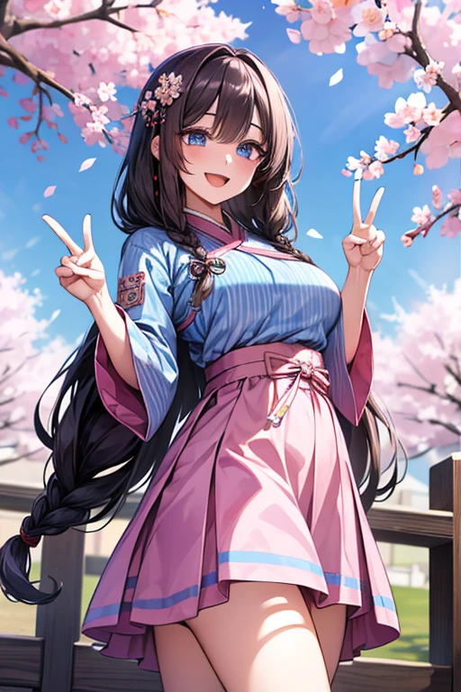 masterpiece, best quality, highres, bbhana, long hair, blacj hair, single braid, hair ornament, whisker markings, ((korean clothes)), ((hanbok)), long sleeves, striped sleeves, pink skirt, cherry blossoms, outdoors, standing, smile, open mouth, peace sign, blue eyes, large breast, sexy, underboob