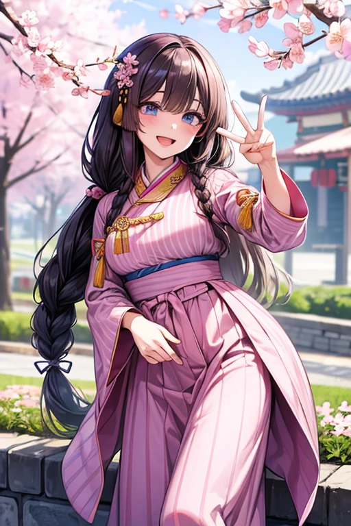 masterpiece, best quality, highres, bbhana, long hair, blacj hair, single braid, hair ornament, whisker markings, ((korean clothes)), ((hanbok)), long sleeves, striped sleeves, pink skirt, cherry blossoms, outdoors, standing, smile, open mouth, peace sign, blue eyes, large breast, sexy, underboob