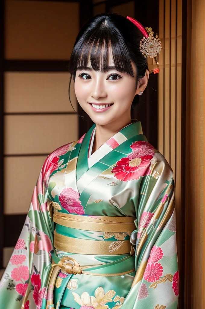 8k、High definition、Ultra Detail、Photorealistic、High resolution、Realistic and accurate depiction、Realistic and accurate human anatomy、Best Quality、Japanese women 、beautiful girl、(((JPGND))), (((kimono))), ((Best Quality、8k傑作:1.3))、(Super beautiful face:1.0)、(Glowing Skin:1.0)、Realistic photos、Perfect dynamic composition, Video Lighting、High resolutionの目と顔、One of the Japanese, Pure beauty, cute, elegant, kimono, smile, ,A long-established inn in Kyoto, Japanese Garden, Luxurious Japanese-style room, 振り返ってsmile