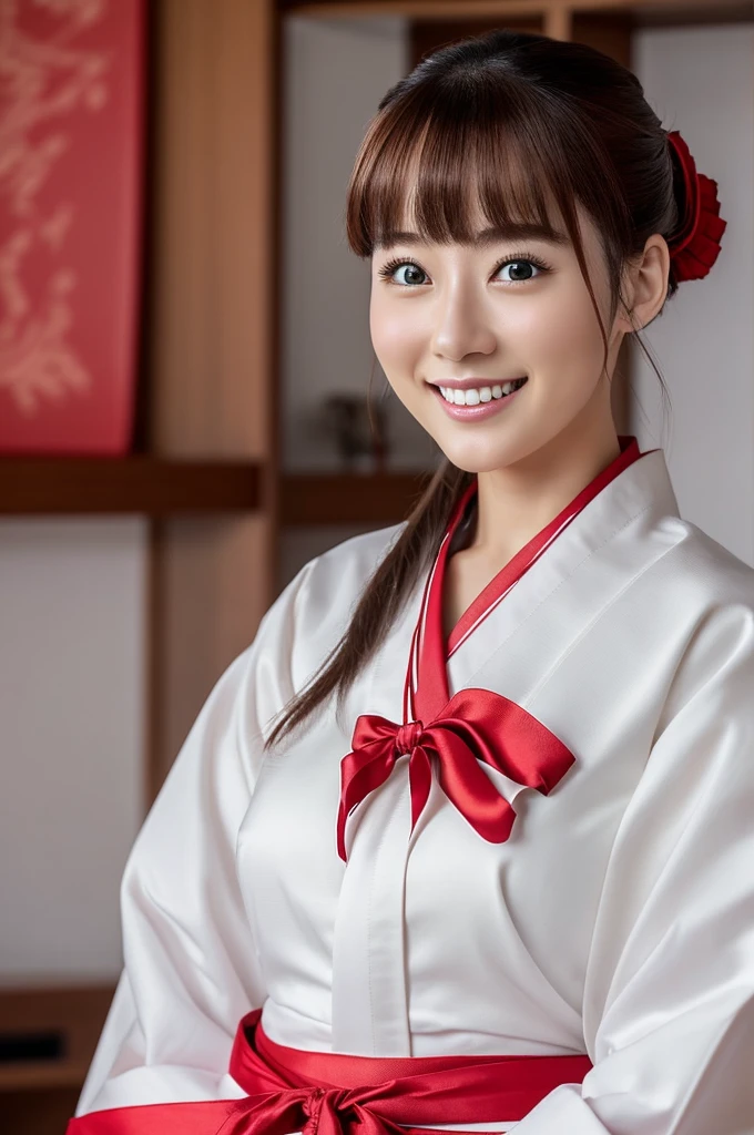 8k、High definition、Ultra Detail、Photorealistic、High resolution、Realistic and accurate depiction、Realistic and accurate human anatomy、Best Quality、Japanese women 、beautiful girl、White and red hakama、Red hakama on top and red on bottom,White tabi,Red ribbon in hair,1,bangs,Smile a little,knees,Japanese style hairstyle,Looking up from below, An innocent smile、Natural Makeup、Perfect Skin、Charming、cute