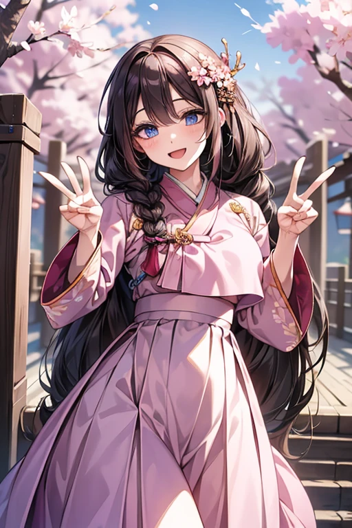 masterpiece, best quality, highres, bbhana, long hair, blacj hair, single braid, hair ornament, whisker markings, ((korean clothes)), ((hanbok)), long sleeves, striped sleeves, pink skirt, cherry blossoms, outdoors, standing, smile, open mouth, peace sign, blue eyes, large breast, sexy, underboob