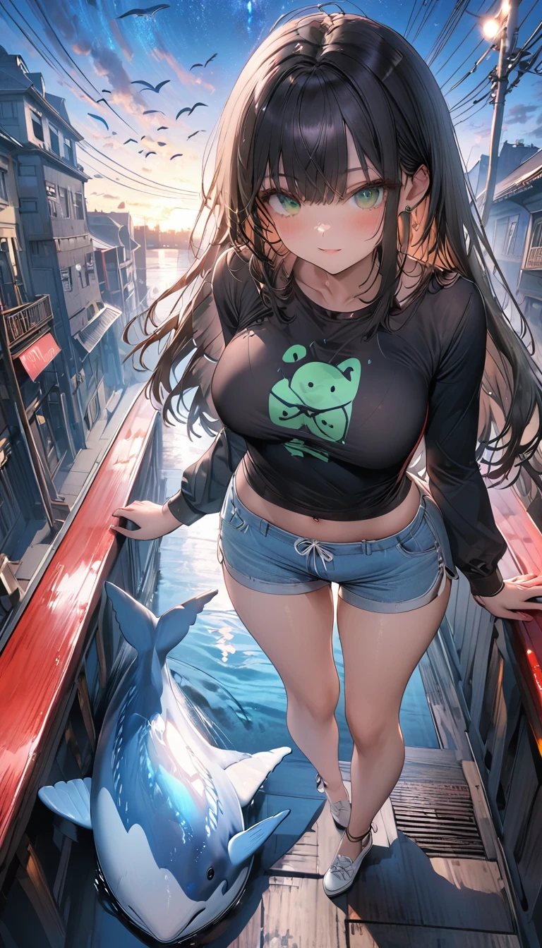 masterpiece, Exquisite detail,Highest quality, One girl, alone, handrail, cloud, Looking up at the buildings,Long Hair, zero, Long sleeve, Power lines, White footwear, Black Hair, View your viewers, Electric pole, bangs, cloudy zero, fish, bird, Green Eyes, Shorts, Day, Black Shirt, barefoot,Whale flying in the sky,Giant whale,night,Star,milky way,night,Pitch black,Buildings,Sitting, High quality anime art style，Standing painting，Splash ink background，Blue Themes,Clear Face,Distinct facial features