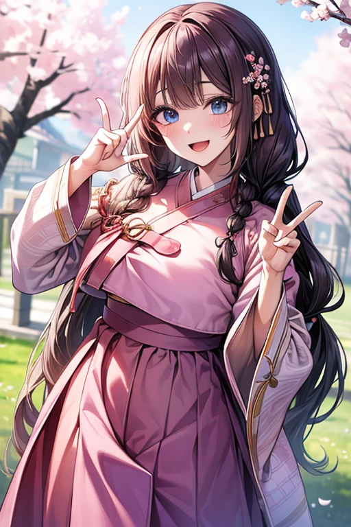 masterpiece, best quality, highres, bbhana, long hair, blacj hair, single braid, hair ornament, whisker markings, ((korean clothes)), ((hanbok)), long sleeves, striped sleeves, pink skirt, cherry blossoms, outdoors, standing, smile, open mouth, peace sign, blue eyes, large breast, sexy, underboob