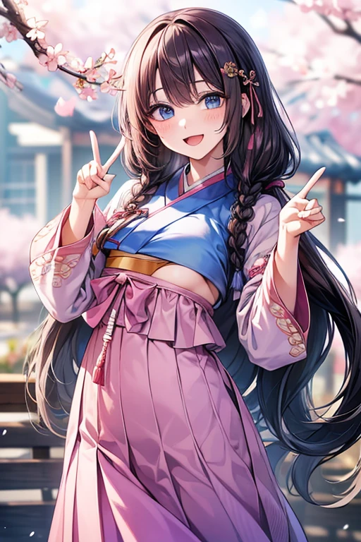 masterpiece, best quality, highres, bbhana, long hair, blacj hair, single braid, hair ornament, whisker markings, ((korean clothes)), ((hanbok)), long sleeves, striped sleeves, pink skirt, cherry blossoms, outdoors, standing, smile, open mouth, peace sign, blue eyes, large breast, sexy, underboob