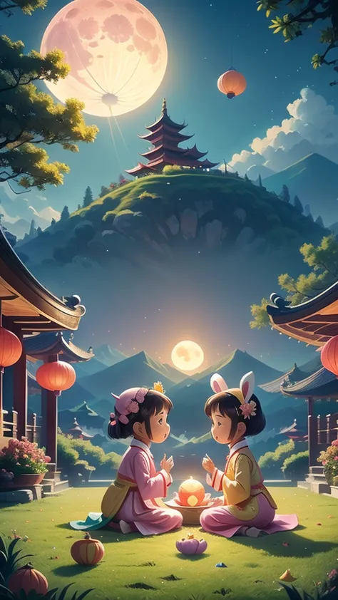 this picture shows a cute cartoon scene., colorful. there are two main characters: a girl and a boy in traditional chinese costu...