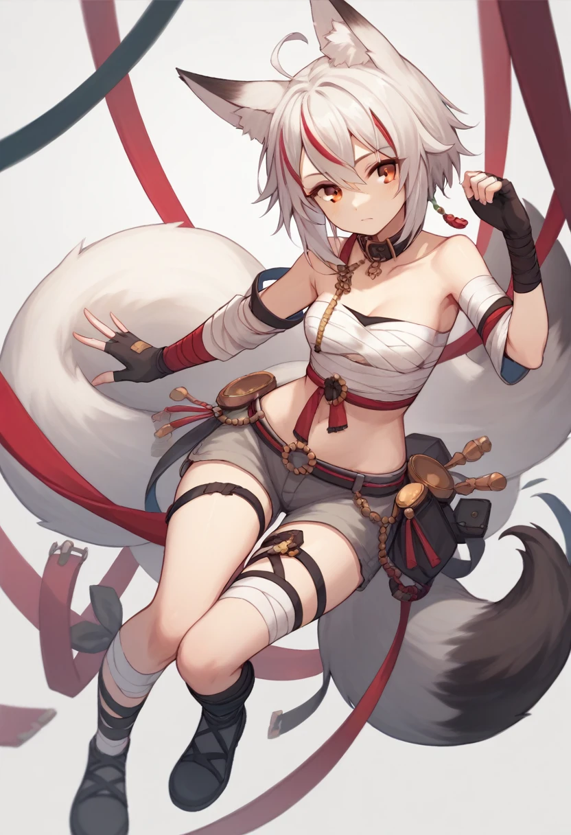 score_9, score_8_up, score_7_up, score_6_up, score_5_up, score_4_up,cute girl, 1 girl, fox ears, fox tail, orange eyes, short white hair,chest, bandages wrapped around the chest, separate sleeves,fingerless gloves , separate collar, gold jewelry, bare shoulders , bare stomach, separate sleeves, gray shorts, belts, jewelry on the hips, black shoes with accessories ,