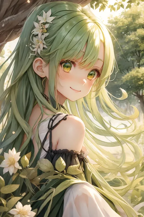 anime smiling girl with long green hair and green dress sitting in a tree, detailed digital anime art, beautiful anime portrait,...