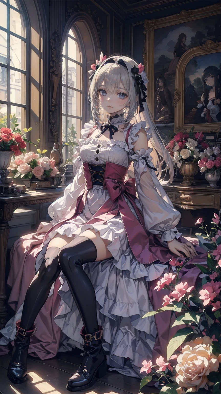 Anime Style、Storytelling、、beautiful girl、とてもcute天使、Pink Gothic Dress、cute、baby face、smile、Long skirt、Black boots、Very cute headband
