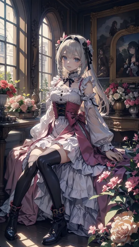 anime style、storytelling、、beautiful girl、とてもcute天使、pink gothic dress、cute、baby face、smile、long skirt、black boots、very cute headb...