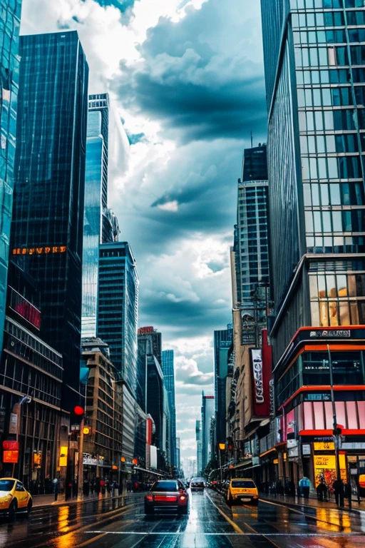 urban landscape. metropolis. High-rise buildings. Road. cars in the foreground. traffic light.           
 advertising banners. people with umbrellas are walking along the sidewalk. wind, rain. you can see the sky in the clouds above, clouds. 