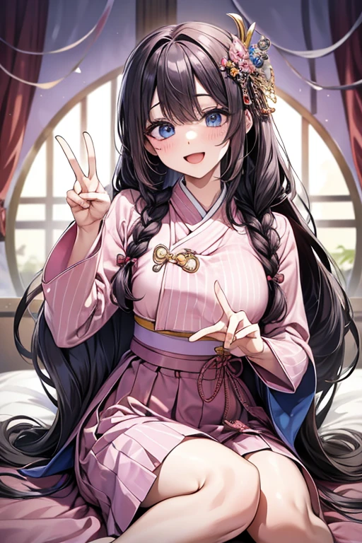 masterpiece, best quality, highres, bbhana, long hair, blacj hair, single braid, hair ornament, whisker markings, ((korean clothes)), ((hanbok)), long sleeves, striped sleeves, pink skirt, hotel bedroom,  smile, open mouth, peace sign, blue eyes, large breast, sexy, nude, nipples