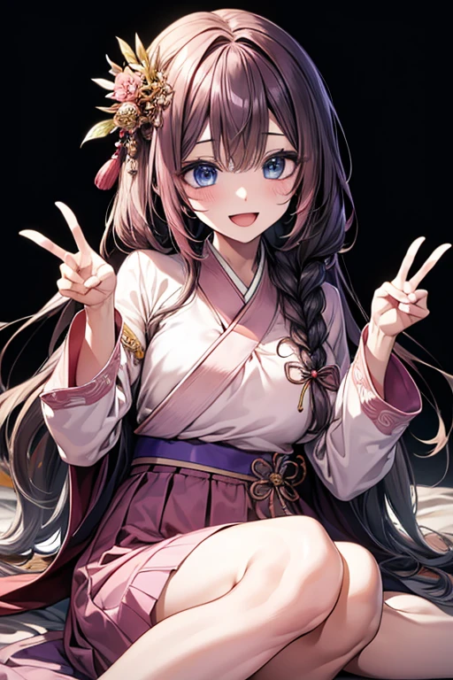 masterpiece, best quality, highres, bbhana, long hair, blacj hair, single braid, hair ornament, whisker markings, ((korean clothes)), ((hanbok)), long sleeves, striped sleeves, pink skirt, hotel bedroom,  smile, open mouth, peace sign, blue eyes, large breast, sexy, nude, nipples