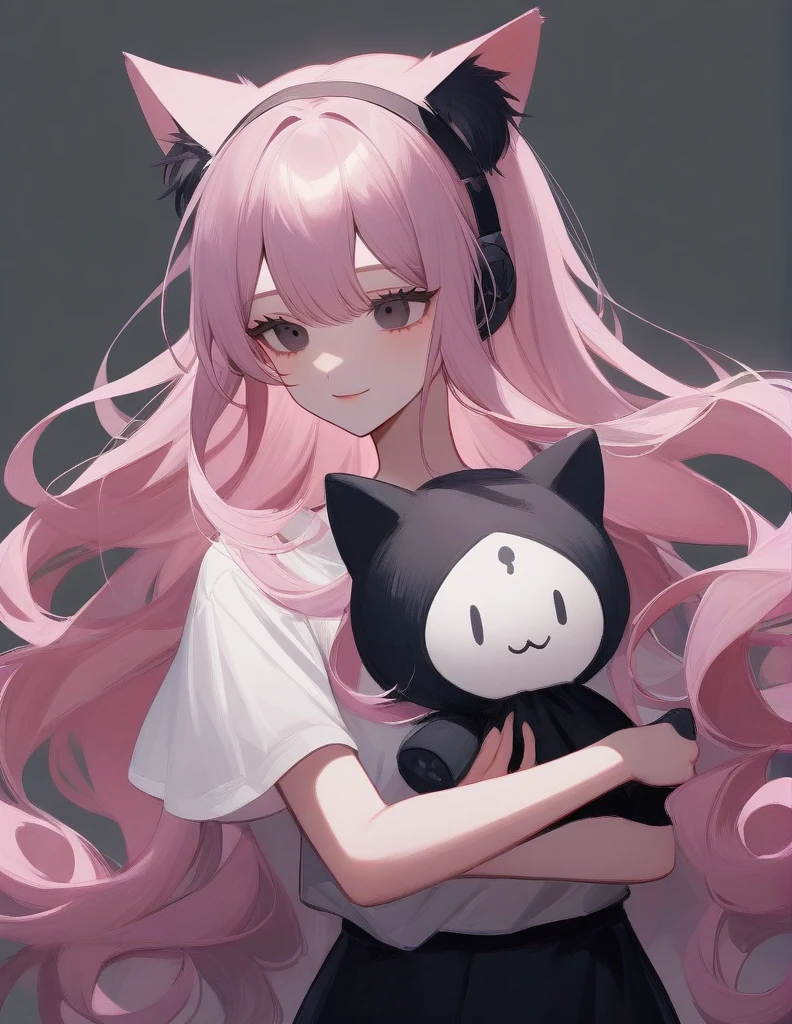 girl, with very very long curly light pink hair, she has cat ears, and sleepy scary black eyes, she's smiling a calm creepy smile, she's wearing white simple t-shirt, and black jeans, she's holding a creepy doll between her arms, half body, optimal quality, simple style without details, simple background