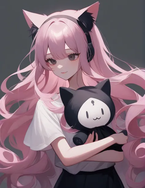 girl, with very very long curly light pink hair, she has cat ears, and sleepy scary black eyes, she's smiling a calm creepy smil...