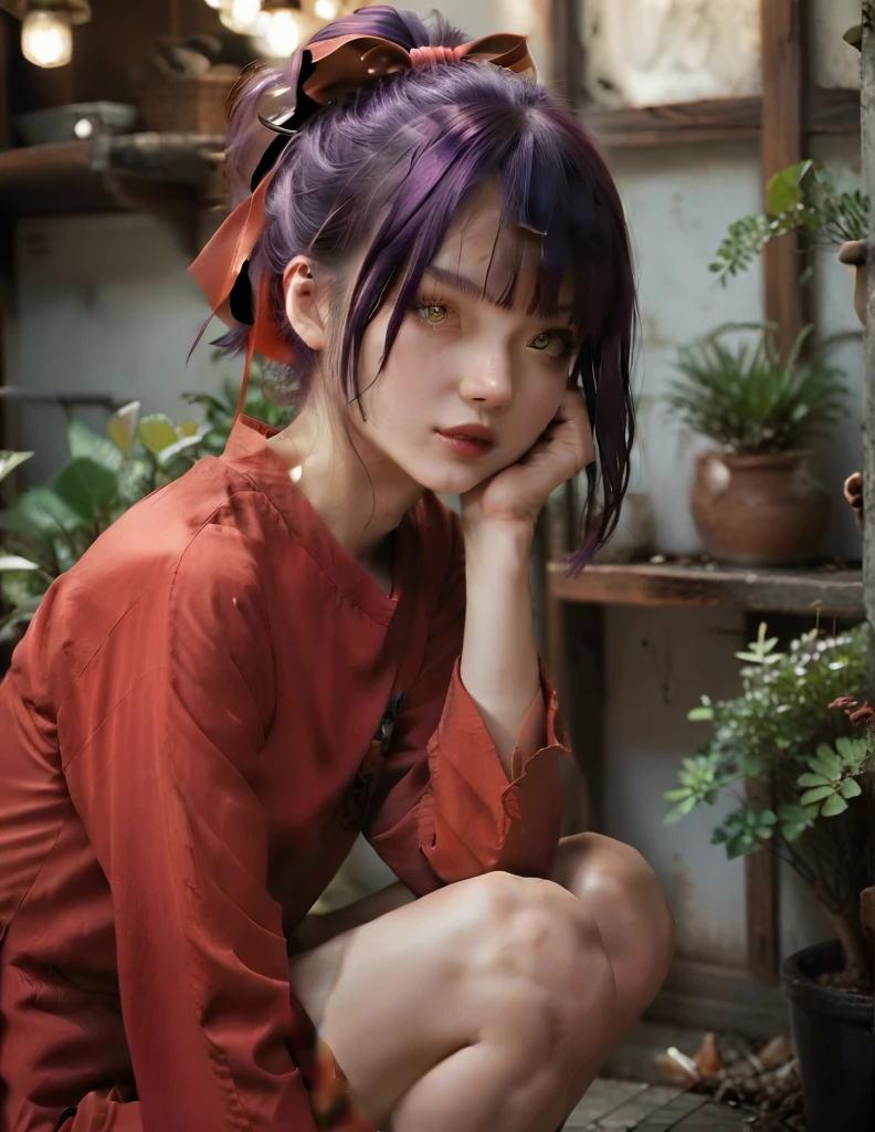 japanese beautiful woman,Ultra detailed skin,Ultra-fine,toView,dark yellow eyes,almond eyes,high detailing,(purple short-haired with bangs:1.2),ponytail, large red hair ribbon, (Photorealsitic:1.4),(Top image quality:2.0),(high resolution:1.0), (​masterpiece),big eye,Dynamic lighting,coral lips,Beautiful skin that shines white,three-quarter sleeves white shirt, red jumper dress,red pumps,Squatting