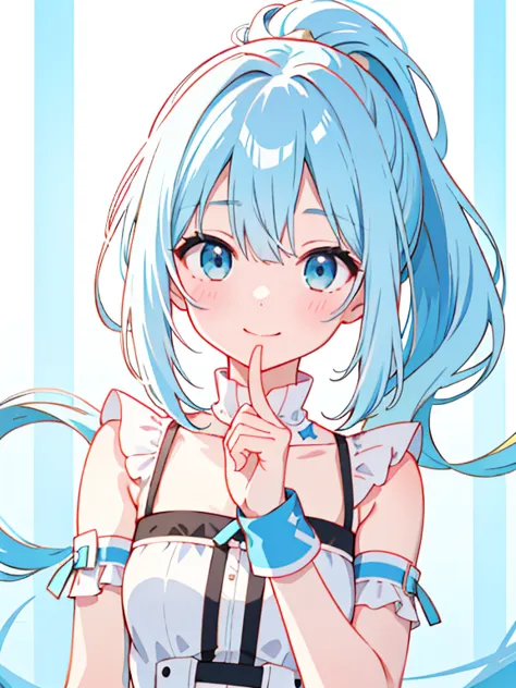 best quality、high resolution、girl、cute、light blue hair、ponytail、smile、color palette（light blue、green、white）