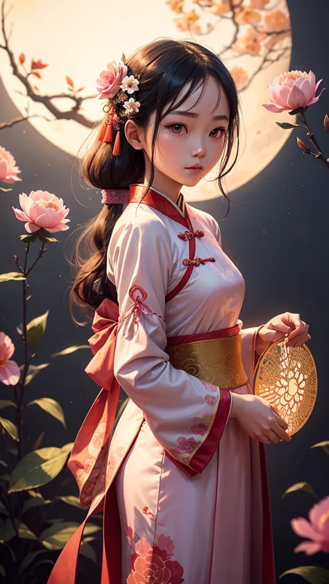 this photo is an illustration in traditional art style.. the main character is a girl dressed in classical chinese clothing., re...