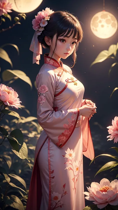 this photo is an illustration in traditional art style.. the main character is a girl dressed in classical chinese clothing., re...