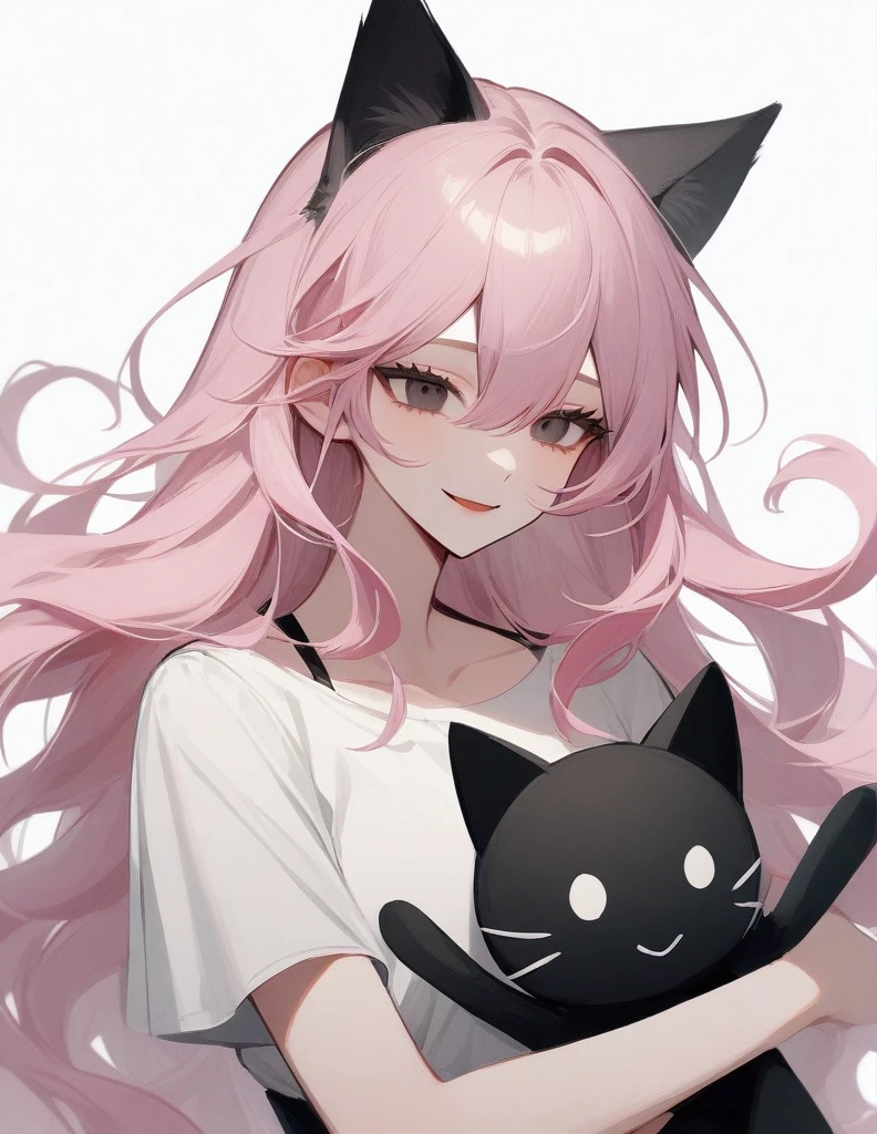 girl, with very very long curly light pink hair, she has cat ears, and sleepy scary black eyes, she's smiling an evil smile, she's wearing white simple t-shirt, and black jeans, she's holding a creepy doll between her arms, half body, optimal quality, simple style without details, simple background