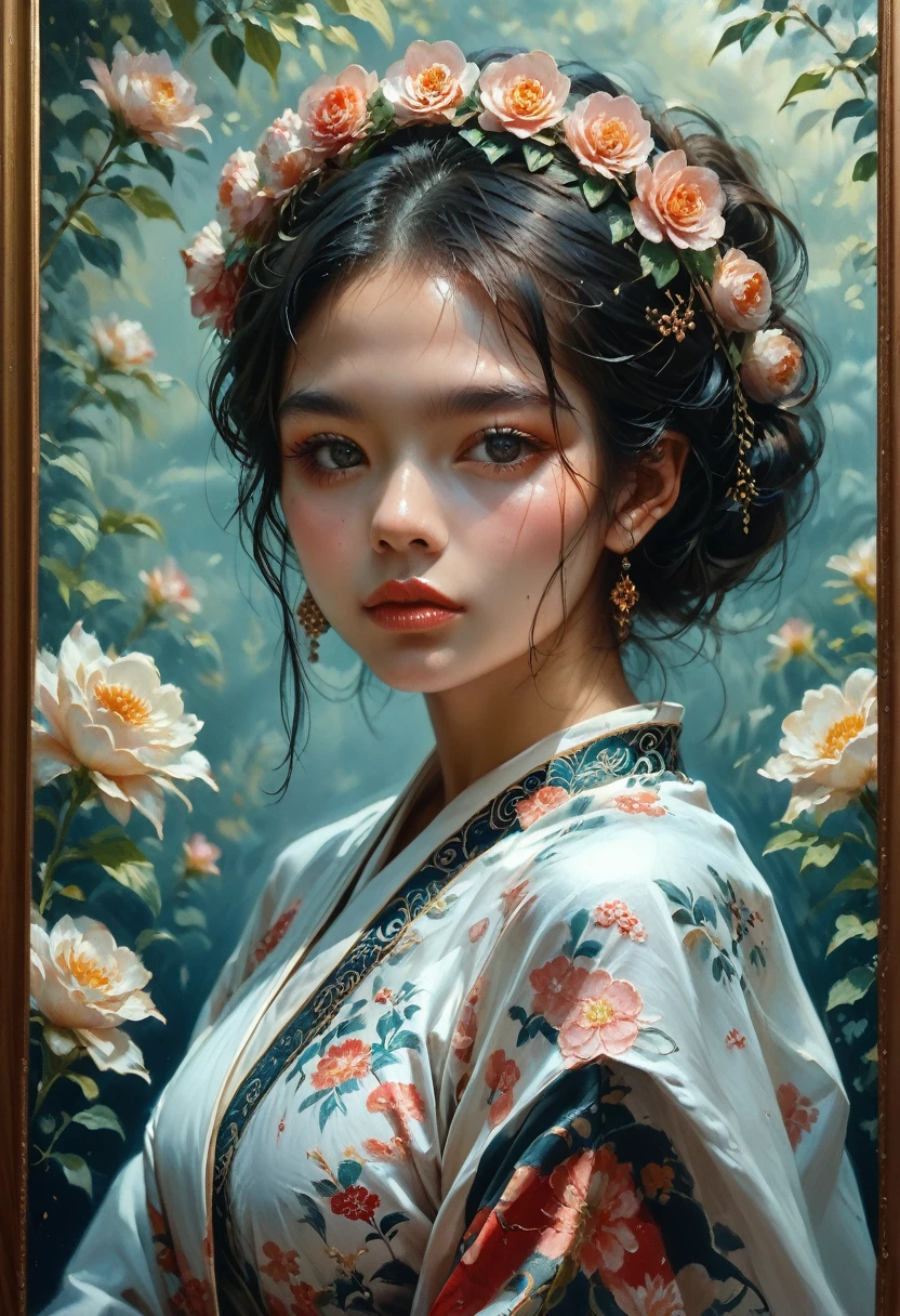 a beautiful female portrait of Frida Kahlo,intricate detailed face,beautiful detailed eyes,beautiful detailed lips,extremely detailed face and features,longeyelashes,detailed flower crown,wearing traditional Mexican dress,oil painting,masterpiece,