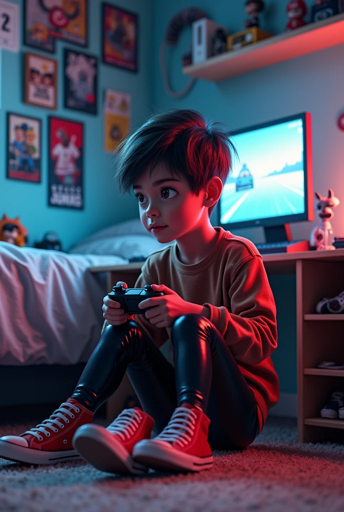 Young boys in red converse and latex pants is gaming in his room