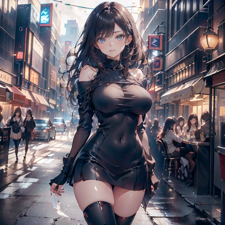 full body Waifu beautiful detailed eyes, beautiful detailed lips, extremely detailed eyes and face, longeyelashes, 1girl, sensual, young woman, sexy medium / large breasts, beautiful feminine face, nice sexy thighs, slim, sexy, erotic, beautiful clothes, perfect body, perfect anatomy of female, cinematic lighting and framing, (best quality,4k,8k,highres,masterpiece:1.2),ultra-detailed,digital painting,portrait,glamorous,highly detailed,soft lighting,warm color tones ((masterpiece)), ((best quality)), (ultra-detailed), real, a Japanese young pretty woman , glamorous figure ,dynamic angle, full body shot, city, town, autumn, a cute girl, 1girl, solo,  A warm-looking white off-shoulder knit, a black miniskirt, black knee-high boots, ((beautiful eyes)), long hair, large breast, smile, hyper cute face, glossy lips, double eyelids in both eyes, natural makeup, shiny smooth light brown long bob hair, asymmetrical bangs, a tanned skin, central image, high resolution, high detail, detailed hairstyle, detailed face, spectacular cinematic lighting, octane rendering, vibrant, perfect limbs, perfect anatomy